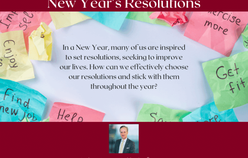 A collage of colorful sticky notes with resolutions like Enjoy life, Get fit, and Find new job surrounds text about sticking to New Year’s resolutions. Below is a small photo of a person labeled as the author, Jimmy Trimble, CFP®, Director.