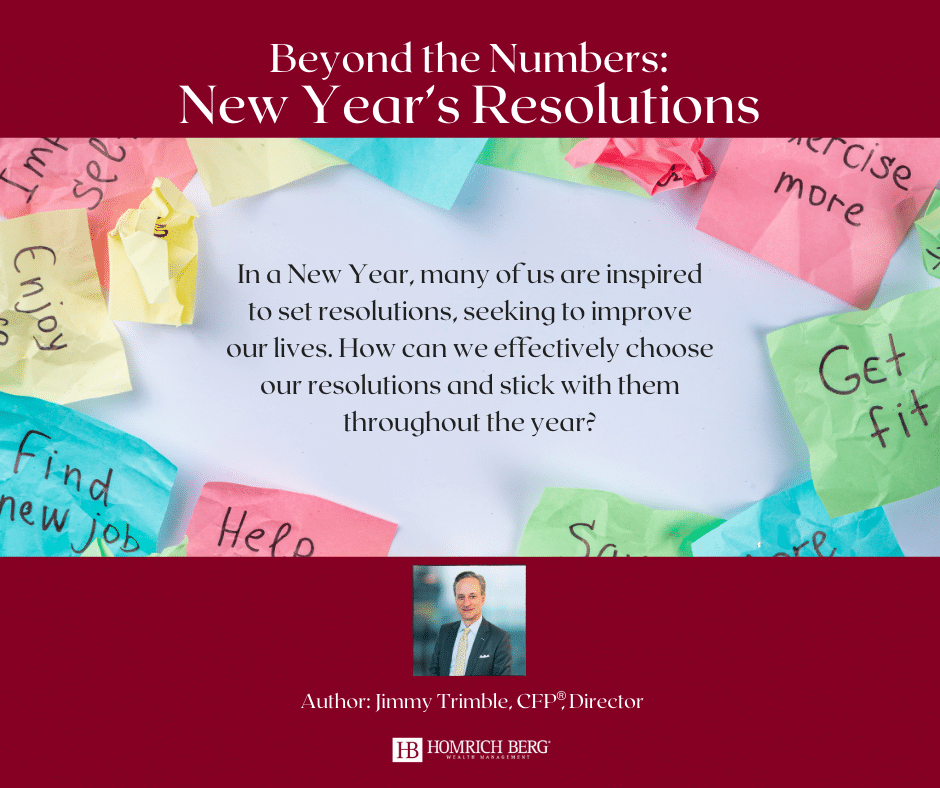 A collage of colorful sticky notes with resolutions like Enjoy life, Get fit, and Find new job surrounds text about sticking to New Year’s resolutions. Below is a small photo of a person labeled as the author, Jimmy Trimble, CFP®, Director.