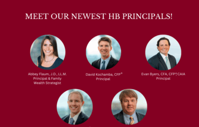 A maroon background with the Homrich Berg logo and text: Meet Our Newest HB Principals! Five people are shown with their names and titles: Abbey Flaum, David Kochamba, Evan Byers, Gene Brooks, and Philip Clinkscales.