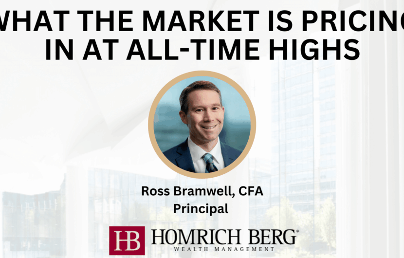 Promotional image for Homrich Berg Wealth Management featuring the text WHAT THE MARKET IS PRICING IN AT ALL-TIME HIGHS with a portrait of Ross Bramwell, CFA, Principal, and the Homrich Berg logo.