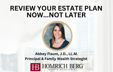 Promotional image with the text Review Your Estate Plan Now...Not Later. Features a portrait of a woman, Abbey Flaum, J.D., L.L.M., with her titles. The Homrich Berg Wealth Management logo is at the bottom. Background shows a modern office interior.