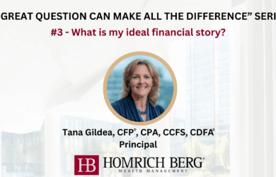 Image of Tana Gildea, a principal at Homrich Berg Wealth Management, with text: A great question can make all the difference series #3 - What is my ideal financial story? Company logo and office building background included.