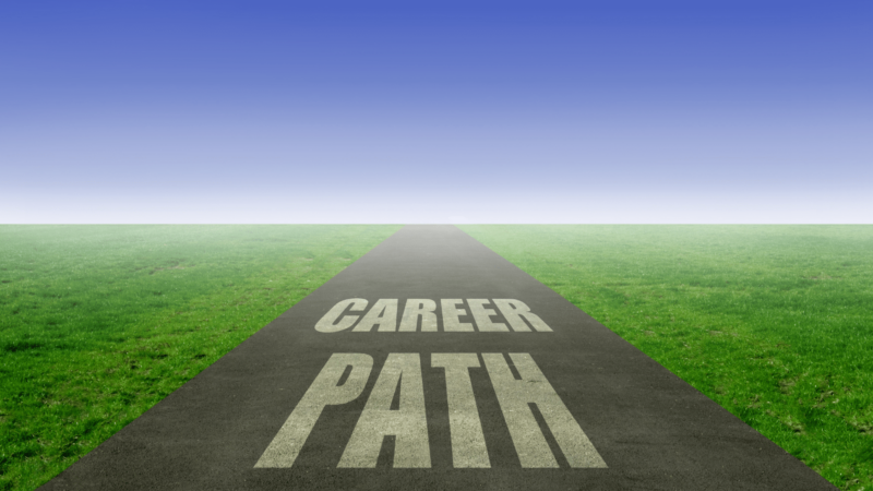 A long, straight road with the words CAREER PATH written on it stretches into the distance. The road is surrounded by green grass under a clear blue sky, symbolizing direction and opportunities.