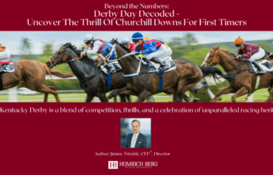 A group of jockeys on horseback racing on a track. Text above reads: Beyond the Numbers: Derby Day Decoded - Uncover The Thrill Of Churchill Downs For First Timers. Below, a description of the Kentucky Derby and a mention of author Jimmy Trimble.