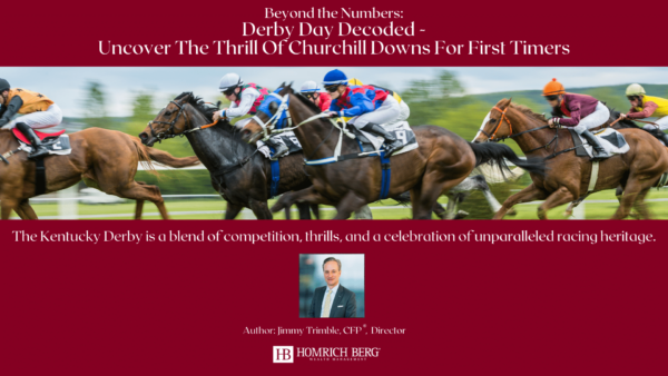 A group of jockeys on horseback racing on a track. Text above reads: Beyond the Numbers: Derby Day Decoded - Uncover The Thrill Of Churchill Downs For First Timers. Below, a description of the Kentucky Derby and a mention of author Jimmy Trimble.