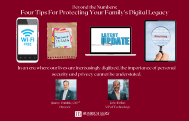 A graphic titled Beyond the Numbers: Four Tips For Protecting Your Familys Digital Legacy shows icons for free Wi-Fi, password security, updates, and phishing. Photos of two individuals with titles are at the bottom against a maroon background.