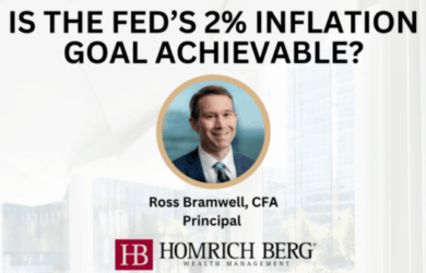 A professional headshot of a man in a suit is centered on a graphic with text reading, Is the Feds 2% Inflation Goal Achievable? Below is his name, Ross Bramwell, CFA, Principal, with the Homrich Berg Wealth Management logo.
