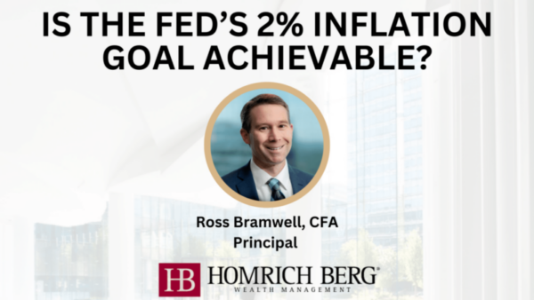 A professional headshot of a man in a suit is centered on a graphic with text reading, Is the Feds 2% Inflation Goal Achievable? Below is his name, Ross Bramwell, CFA, Principal, with the Homrich Berg Wealth Management logo.