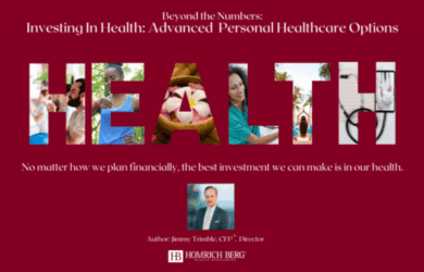 A collage spelling HEALTH with images of a salad, yoga, doctor, and gym. Text: Beyond the Numbers: Investing In Health: Advanced Personal Healthcare Options. Quote: The best investment we can make is in our health. Author: Jimmy Trimble.