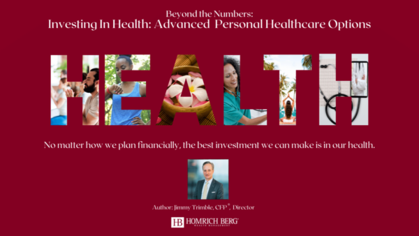 A collage spelling HEALTH with images of a salad, yoga, doctor, and gym. Text: Beyond the Numbers: Investing In Health: Advanced Personal Healthcare Options. Quote: The best investment we can make is in our health. Author: Jimmy Trimble.