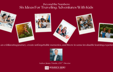 A collage of six travel-themed photos with children is displayed against a red background. The title reads Beyond the Numbers: Six Ideas for Traveling Adventures With Kids. The bottom features author details: Jimmy Trimble, CIP, Director at Homrich Berg.