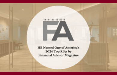 A modern office interior with glass walls is visible. Text on the image reads, HB Named One of Americas 2024 Top RIAs by Financial Advisor Magazine, with the initials FA prominently displayed in the center.