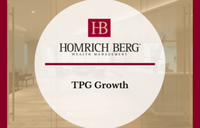 Logo for Homrich Berg Wealth Management with TPG Growth text below. The image features a circular white background with the logo and text in the center. The outer background is a blurred office space with wooden floors and modern decor.