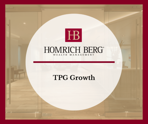 Logo for Homrich Berg Wealth Management with TPG Growth text below. The image features a circular white background with the logo and text in the center. The outer background is a blurred office space with wooden floors and modern decor.
