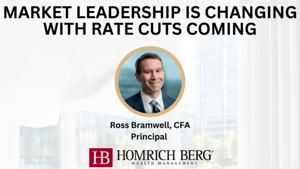 Slide with text Market leadership is changing with rate cuts coming. Features a photo of a man labeled as Ross Bramwell, CFA, Principal. The Homrich Berg Wealth Management logo is at the bottom of the image.