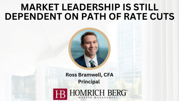 A professional headshot of a smiling man in a suit, identified as Ross Bramwell, CFA, Principal, is centered on a light background. Above him, text reads, Market leadership is still dependent on path of rate cuts. The Homrich Berg Wealth Management logo is at the bottom.