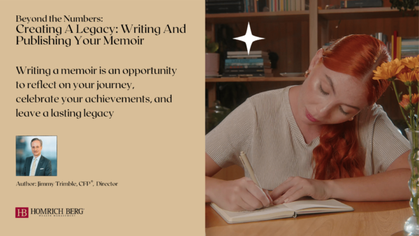 A woman with long red hair writes in a notebook at a table. The image promotes a seminar titled Beyond the Numbers: Creating A Legacy: Writing And Publishing Your Memoir. A small photo of the author, Jimmy Trimble, is included.