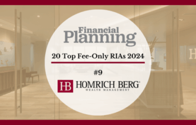 Financial Planning magazine highlights 20 Top Fee-Only RIAs 2024, featuring Homrich Berg at #9. The image displays the magazines logo and a company logo on a blurred background of an office interior.