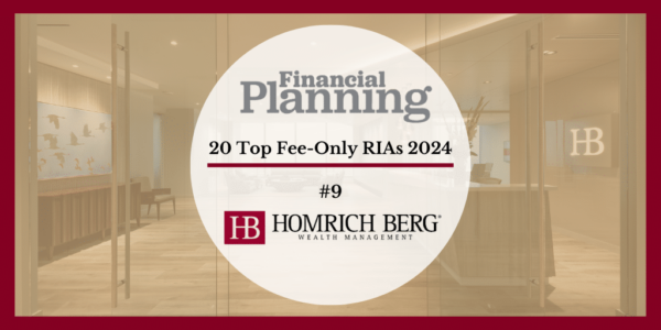 Financial Planning magazine highlights 20 Top Fee-Only RIAs 2024, featuring Homrich Berg at #9. The image displays the magazines logo and a company logo on a blurred background of an office interior.
