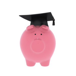 A pink piggy bank wearing a black graduation cap stands upright against a white background, symbolizing education savings or financial planning for academic success.