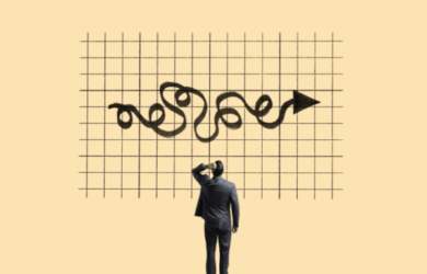 A person in a suit stands with a hand on their head, facing a grid with a graph that starts with a chaotic swirl and ends with an upward arrow, symbolizing complex or uncertain progress, on a beige background.