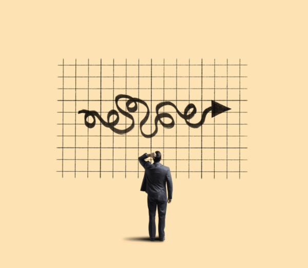 A person in a suit stands with a hand on their head, facing a grid with a graph that starts with a chaotic swirl and ends with an upward arrow, symbolizing complex or uncertain progress, on a beige background.