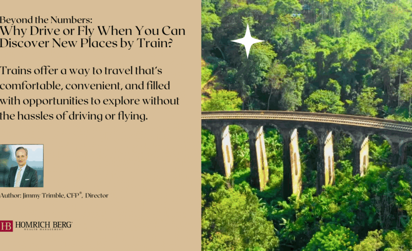A lush green landscape with a train crossing a bridge. The graphic includes text about discovering new places by train, highlighting comfort and convenience. A small photo of the articles author is on the left side.
