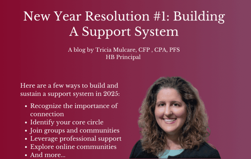 A blog post titled New Year Resolution #1: Building A Support System by Tricia Mulcare. Below the title is a photo of a smiling woman with curly hair. The post suggests ways to sustain a support system, including joining groups and exploring online communities.