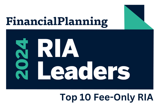 FinancialPlanning Top 10 Fee-Only_2 Text logo reading Financial Planning 2024 RIA Leaders Top 10 Fee-Only RIA with a geometric design in dark blue and teal.