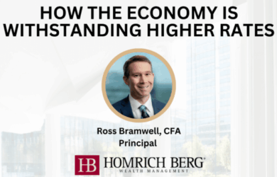 A professional headshot of Ross Bramwell with the text How the Economy is Withstanding Higher Rates. Below the photo, it says Ross Bramwell, CFA, Principal and features the Homrich Berg Wealth Management logo.
