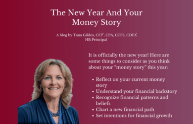A blog announcement titled The New Year and Your Money Story by Tana Gildea. Features a portrait of a smiling woman on a burgundy background with a list of financial reflection points for the new year.
