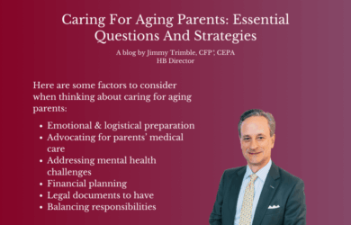 A blog titled Caring For Aging Parents: Essential Questions And Strategies by Jimmy Trimble. It highlights factors like emotional preparation, medical advocacy, addressing mental health, financial planning, legal documents, and balancing responsibilities.