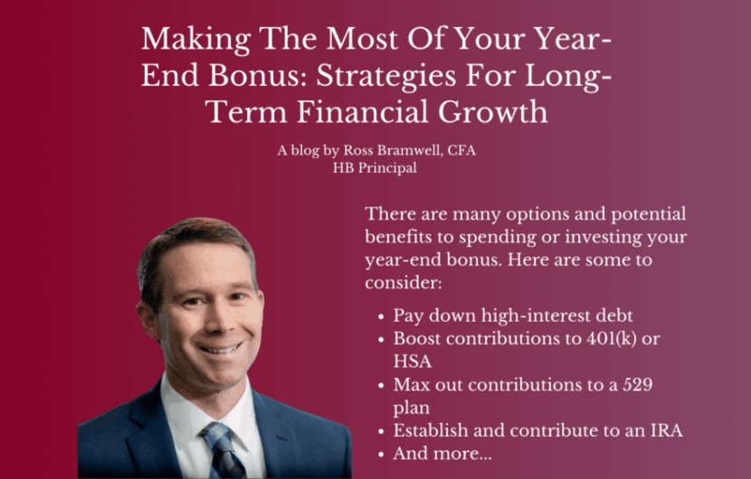 A man in a suit and tie is shown next to text titled, Making The Most Of Your Year-End Bonus: Strategies For Long-Term Financial Growth. The text includes financial advice, such as paying down high-interest debt and boosting contributions to savings plans.