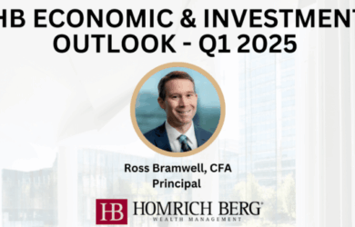 Promotional image for HB Economic & Investment Outlook Q1 2025 featuring Ross Bramwell, CFA, Principal, with the Homrich Berg Wealth Management logo. Background includes a blurred office setting.