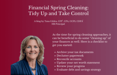 A smiling woman in a blue blazer stands beside text titled Financial Spring Cleaning: Tidy Up and Take Control, with a checklist for organizing finances on a solid red background.