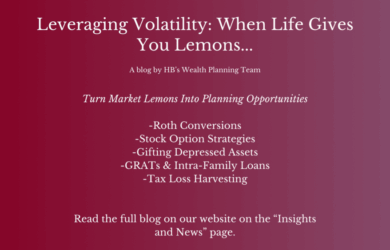 A maroon gradient background with white text titled Leveraging Volatility: When Life Gives You Lemons… The text lists financial strategies like Roth conversions, stock options, and more to turn market downturns into planning opportunities.