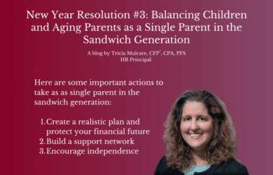 A woman with curly hair smiles in front of a maroon background. The text discusses a blog about balancing children and aging parents as a single parent, with tips on planning, support networks, and independence.