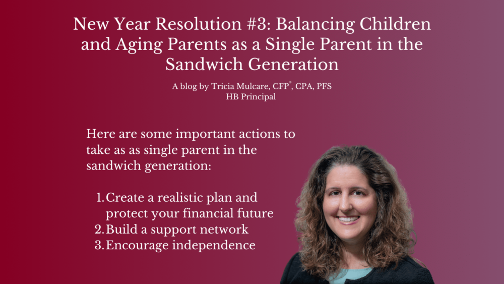 A woman with curly hair smiles in front of a maroon background. The text discusses a blog about balancing children and aging parents as a single parent, with tips on planning, support networks, and independence.