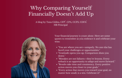 A blog advertisement titled Why Comparing Yourself Financially Doesn’t Add Up by Tana Gildea. The text includes motivational quotes about financial journeys. A person is pictured in the bottom left corner. The background is maroon.