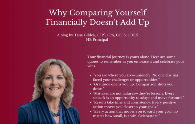 A blog advertisement titled Why Comparing Yourself Financially Doesn’t Add Up by Tana Gildea. The text includes motivational quotes about financial journeys. A person is pictured in the bottom left corner. The background is maroon.