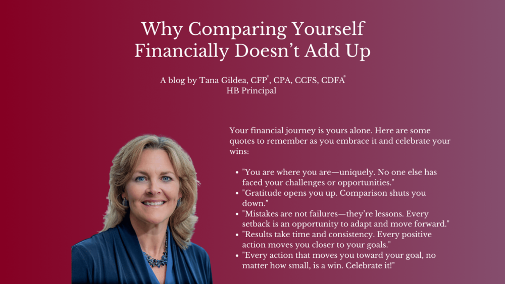 A blog advertisement titled Why Comparing Yourself Financially Doesn’t Add Up by Tana Gildea. The text includes motivational quotes about financial journeys. A person is pictured in the bottom left corner. The background is maroon.