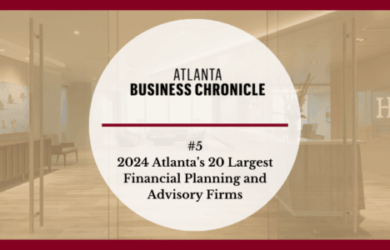 A graphic with the Atlanta Business Chronicle logo, featuring the text: “#5 2024 Atlanta’s 20 Largest Financial Planning and Advisory Firms,” over a blurred office background with a red border.