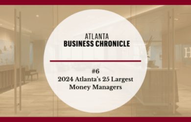 A circular graphic reads ATLANTA BUSINESS CHRONICLE and #6 2024 Atlanta’s 25 Largest Money Managers over a background of a modern office with glass doors and the initials HB on the wall.