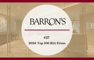 A circular banner reads BARRONS #27 2024 Top 100 RIA Firms over a blurred image of a modern office lobby with glass doors, wooden floors, and a wall with the letters HB.