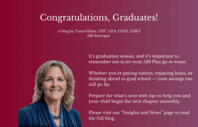A smiling woman with shoulder-length blonde hair stands in front of a maroon background with text congratulating graduates and offering financial advice for education savings.