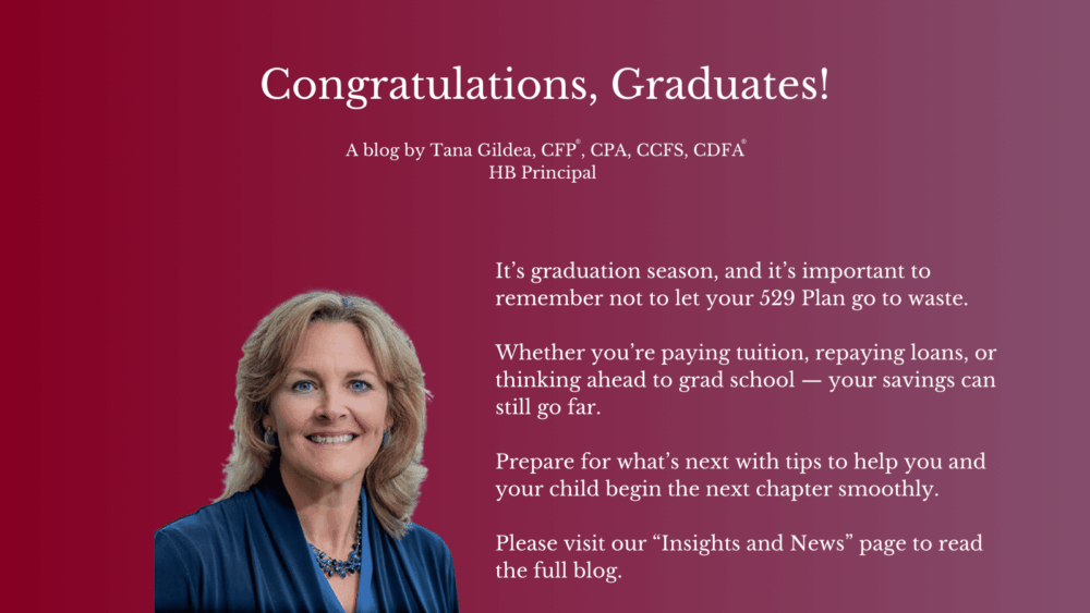 A smiling woman with shoulder-length blonde hair stands in front of a maroon background with text congratulating graduates and offering financial advice for education savings.