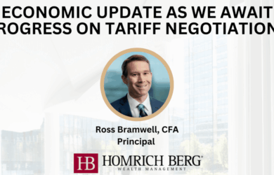 A presentation slide titled Economic Update As We Await Progress on Tariff Negotiations featuring a headshot of Ross Bramwell, CFA, Principal, and the Homrich Berg Wealth Management logo.