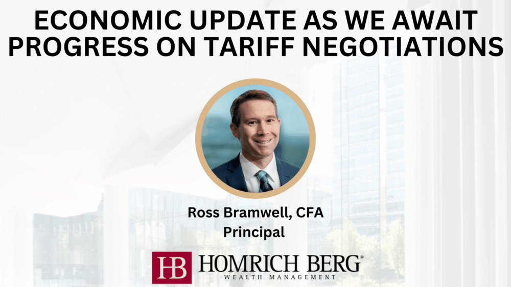 A presentation slide titled Economic Update As We Await Progress on Tariff Negotiations featuring a headshot of Ross Bramwell, CFA, Principal, and the Homrich Berg Wealth Management logo.