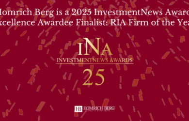 Red background with gold confetti. Text: Homrich Berg is a 2025 InvestmentNews Awards Excellence Awardee Finalist: RIA Firm of the Year! with InvestmentNews Awards logo and the number 25. Homrich Berg logo at the bottom.