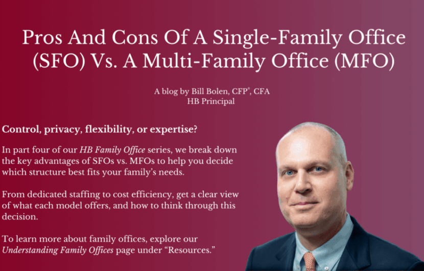 A business blog graphic titled Pros And Cons Of A Single-Family Office (SFO) Vs. A Multi-Family Office (MFO) with a photo of a man in a suit against a red background and blog details listed on the left.